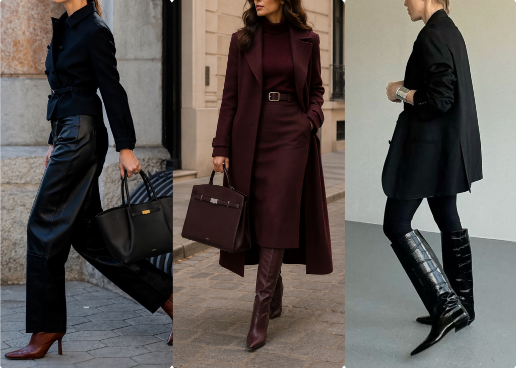 Leather knee-high boots for women, styled three ways with pants, a dress, and leggings