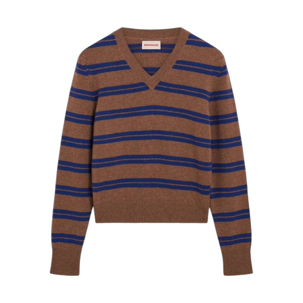 &Daughter Sligo Striped V-Neck Sweater in Hazelnut and Smalt Cobalt Blue Stripe
