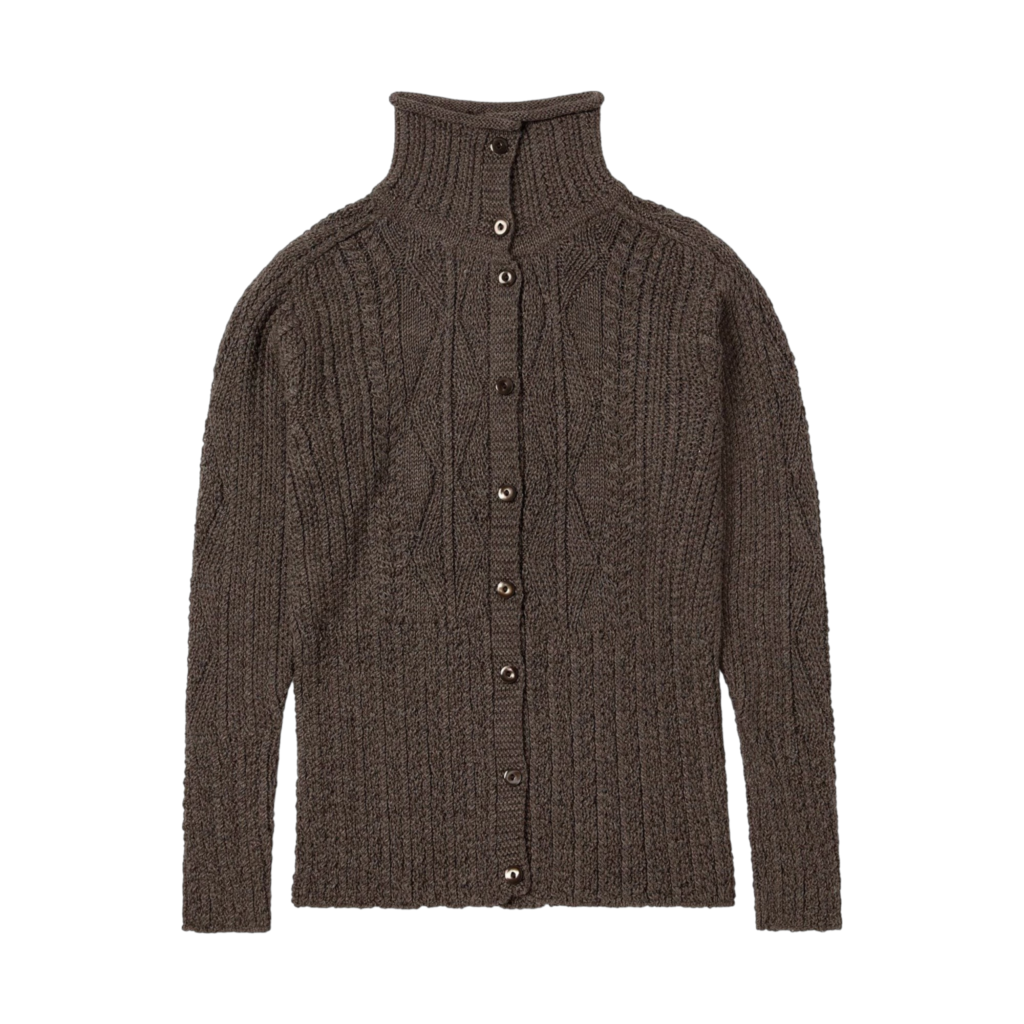 Inis Meáin Aran High Neck Cardigan in Brown Mix