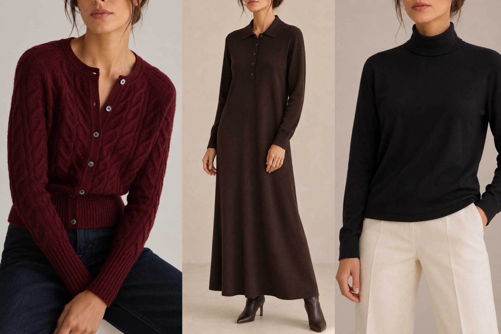 A model wearing three of the best sweaters for work include a burgundy cable knit cashmere sweater, a brown cashmere polo sweater dress, and a black roll neck cashmere sweater.