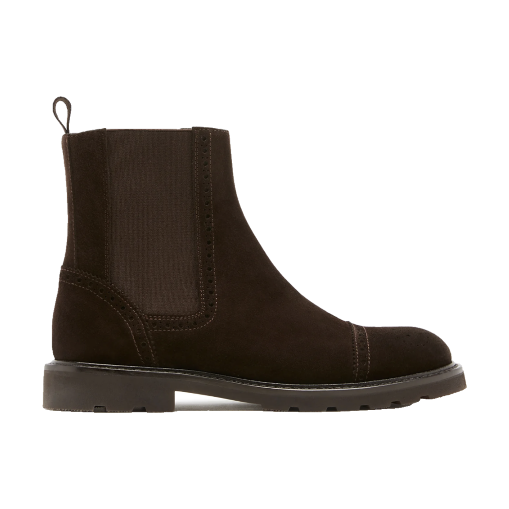 La Canadienne Time brunette suede waterproof chelsea bootie with a brogued cap toe