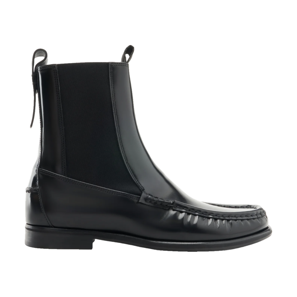 Lottusse Lara black calfskin chelsea boot with a moccasin toe like a penny loafer