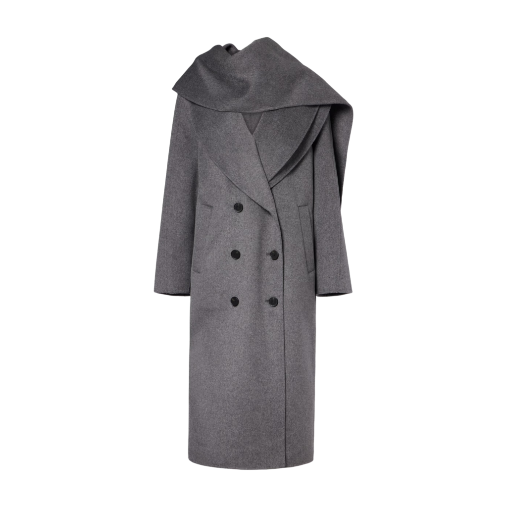 Róhe Mid Gray Melange Double-Breasted Wool and Cashmere Coat with Attached Scarf