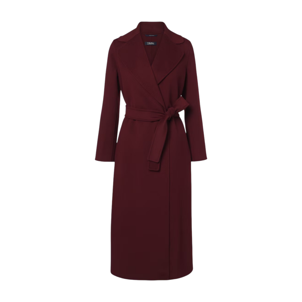 'S Max Mara Bordeaux Wool Poldo Wrap Coat with Notched Lapels and Tie Belt