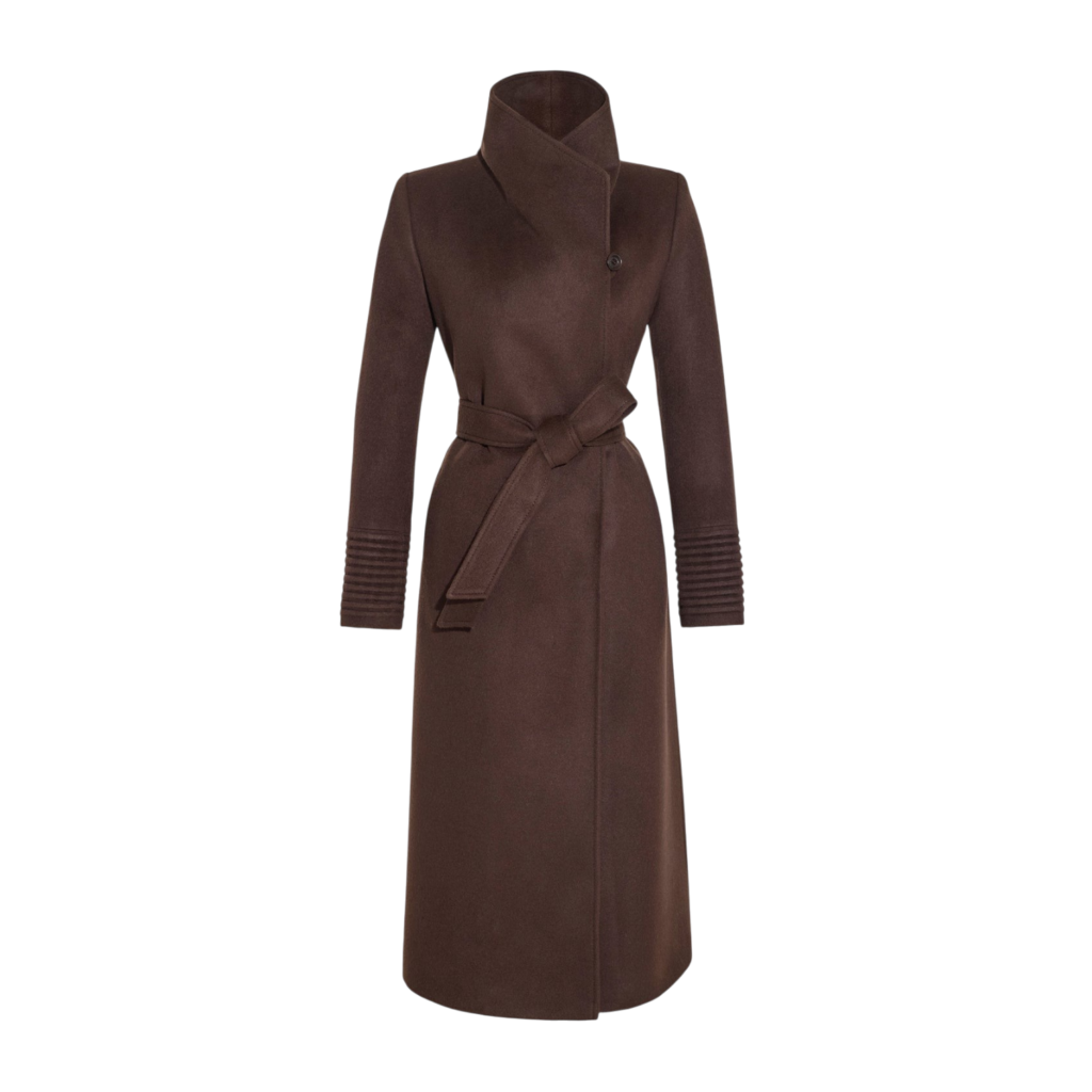 Sentaler Chocolate Brown Baby Alpaca Long Wrap Coat with Funnel Collar and Tie Belt