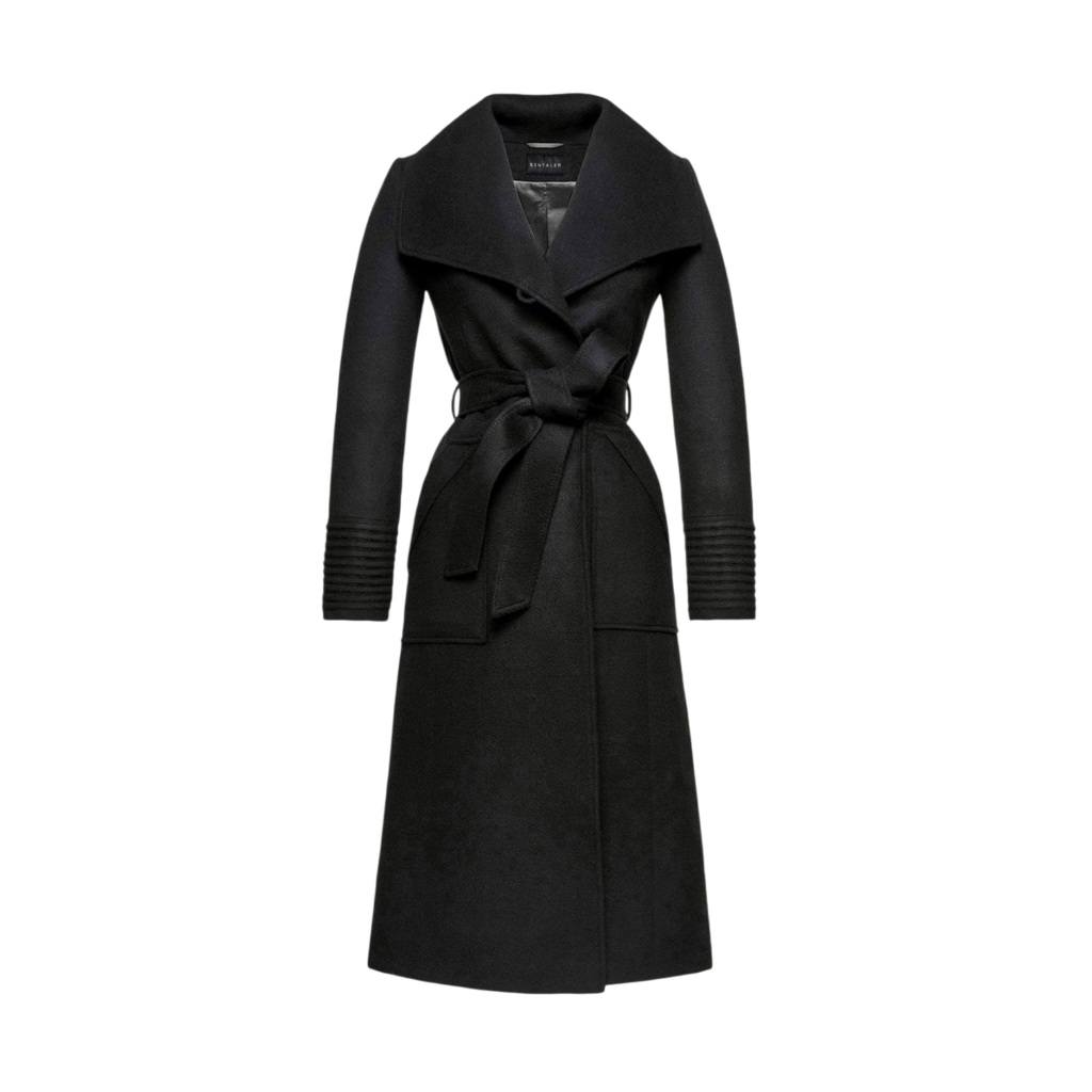 Sentaler Black Baby Alpaca Long Wrap Coat with Wide Collar and Tie Belt