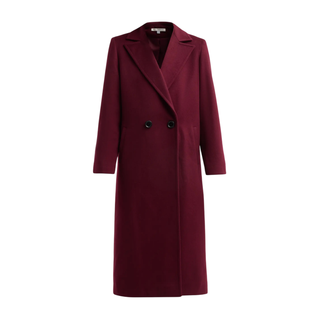 Sofia Cashmere Burgundy Double-Breasted Wool and Cashmere Coat with Peak Lapels
